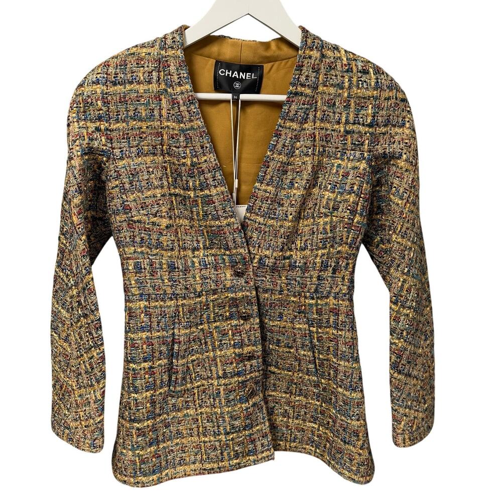 NWT Chanel 2019 Gold Blue Green Tweed Button Front Jacket Womens FR 36 / US 4